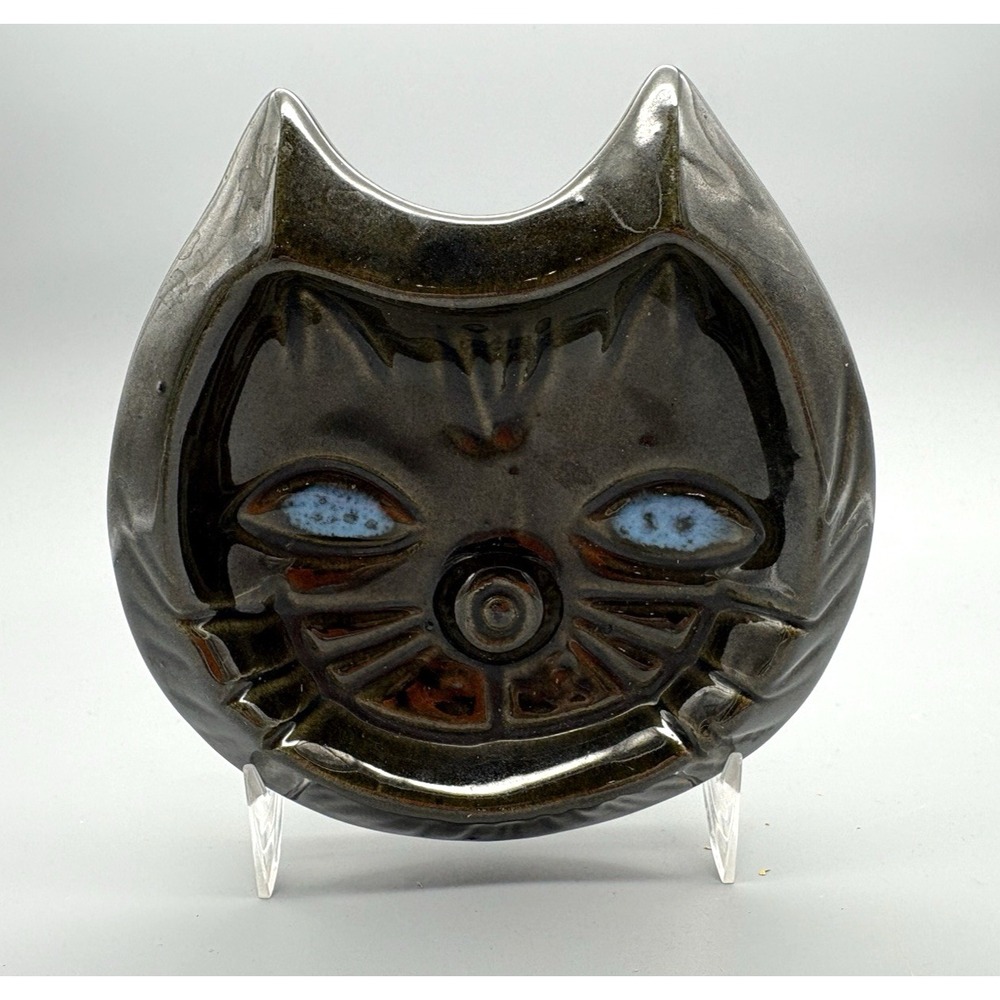 Vintage ceramic studio pottery cat trinket dish ash tray MCM signed J. Ellsworth